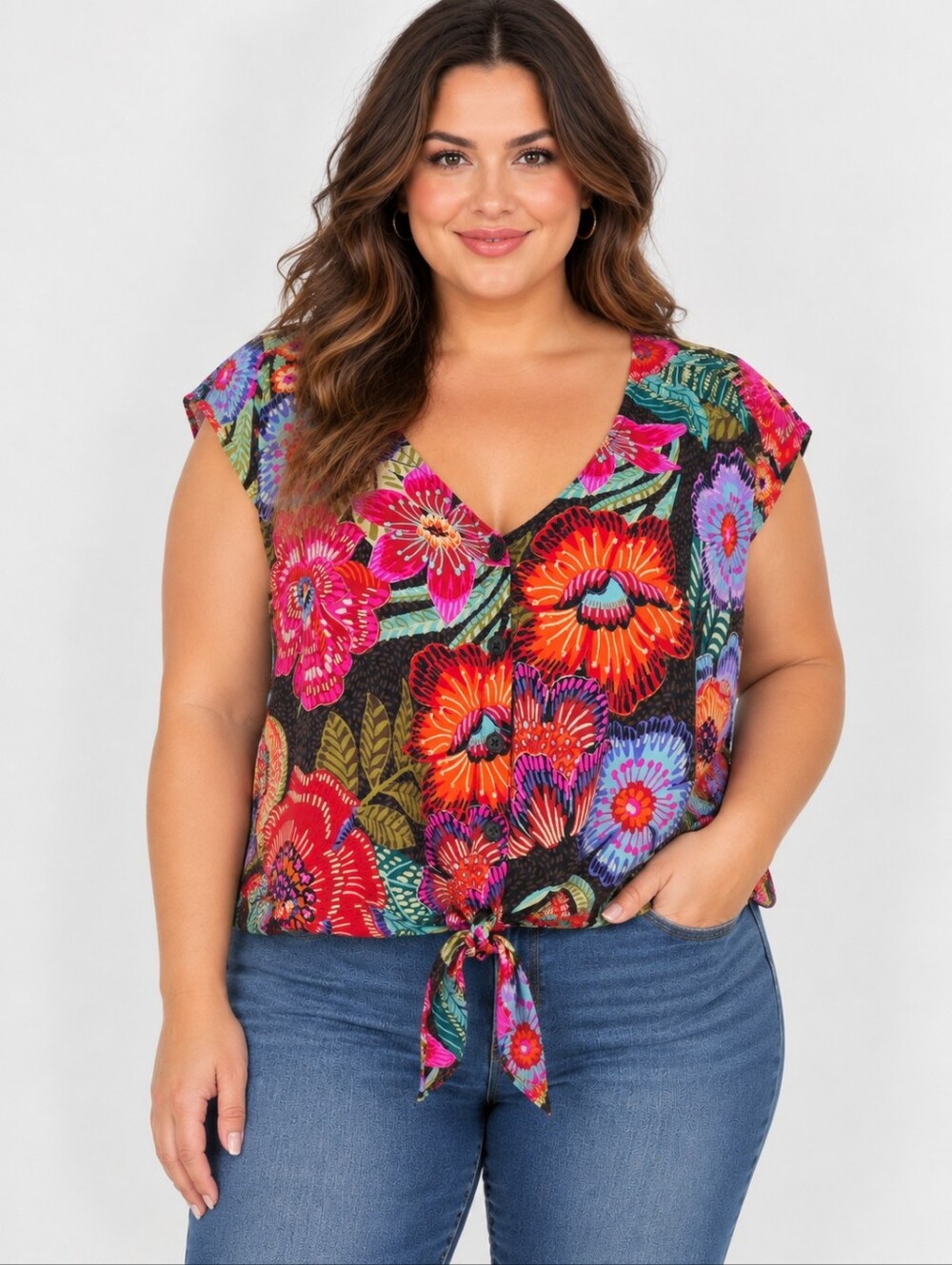 Torrid Floral Tie Front Blouse Size 2 Multicolor V Neck Button Front Boho Top